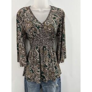 Carole Little Y2K Blouse Women's M Stretch V Neck Paisley Polka Dot Print Tie